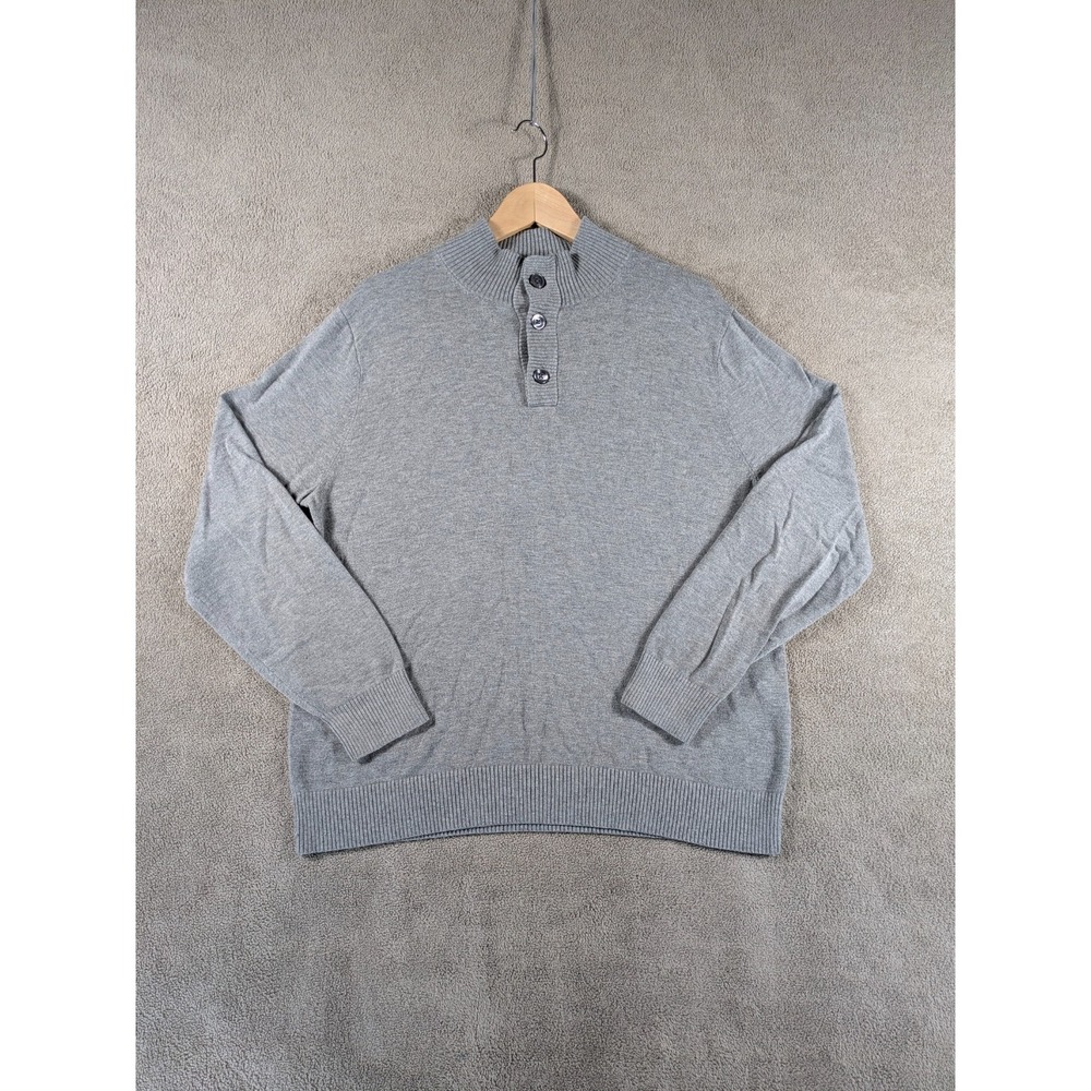 Lands End Mens M Henley Sweater Heather Gray Cotton‎ Knitted Winter Mock Neck